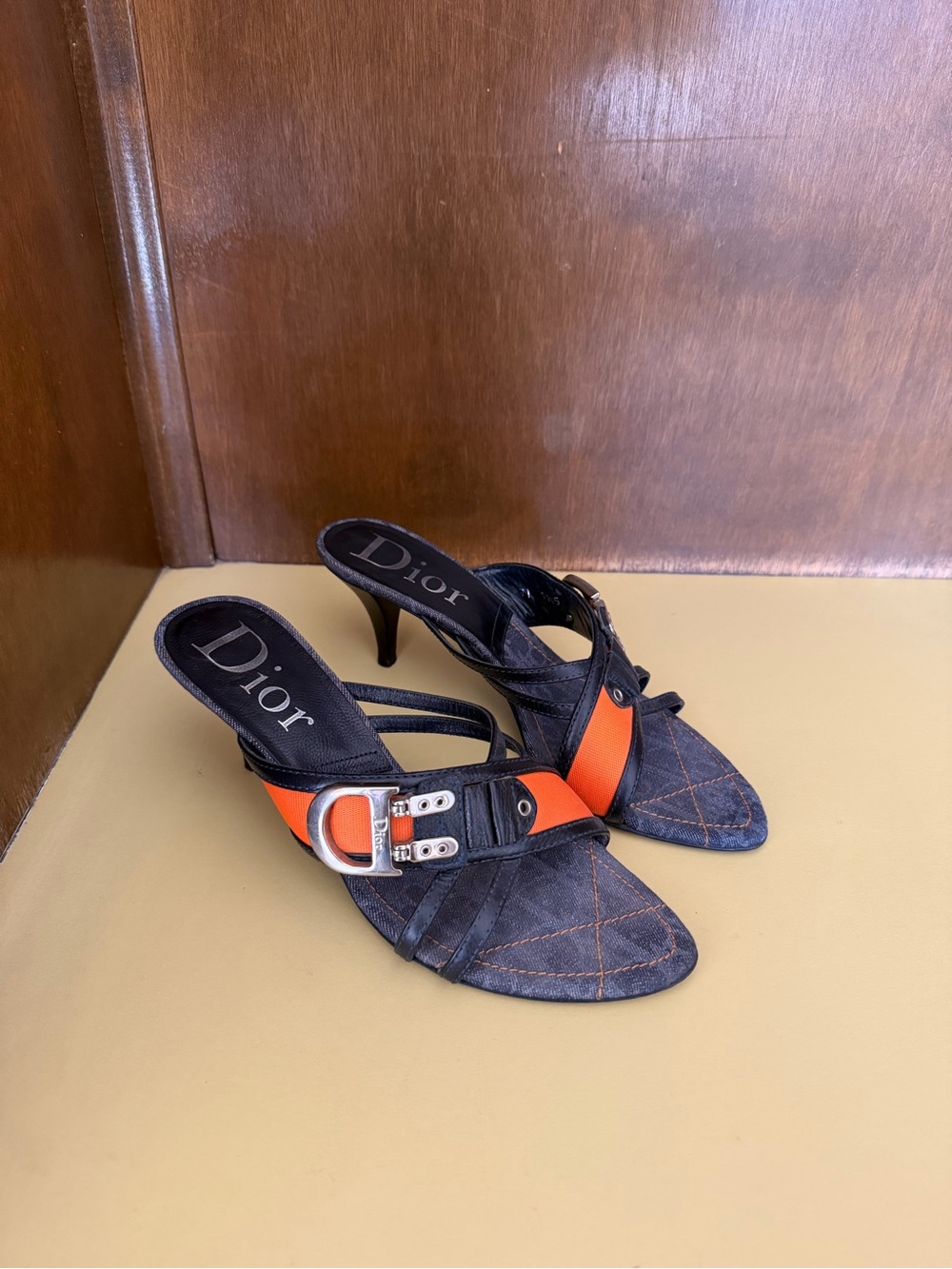 Christian Dior / John Galliano D-Buckle Monogram Denim & Leather Mule Heels [38]